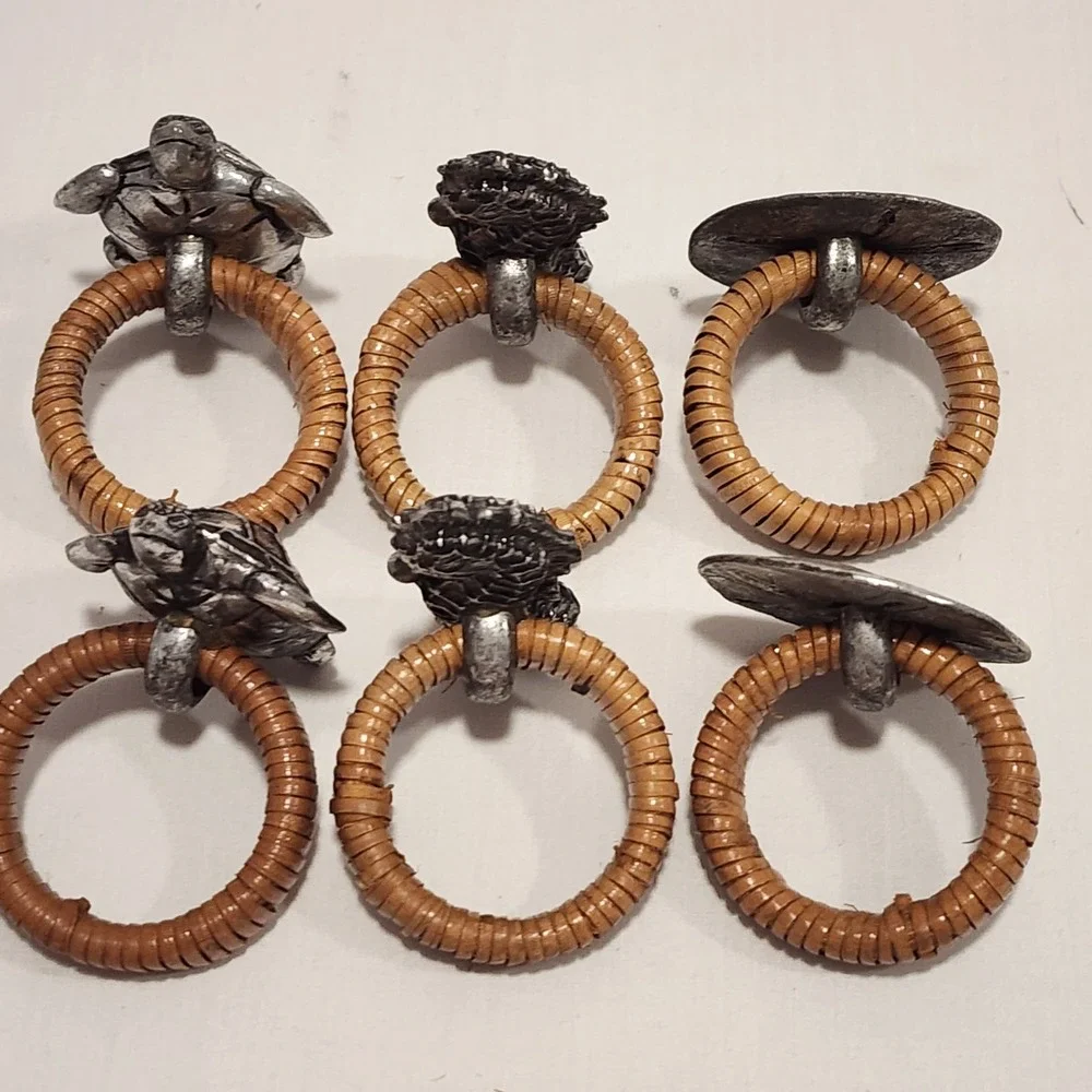 6 Coastal Napkin Rings Rattan Metal Sea Turtle Seahorse Sand Dollar Silver